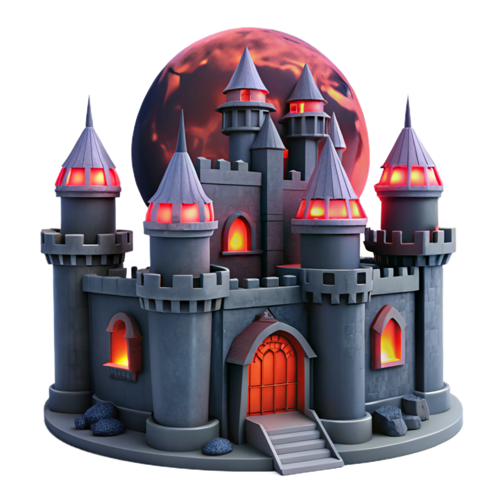 Enchanted Castle 3D Render Fantasy Architecture with Illuminated Towers and Red Planet Backdrop png