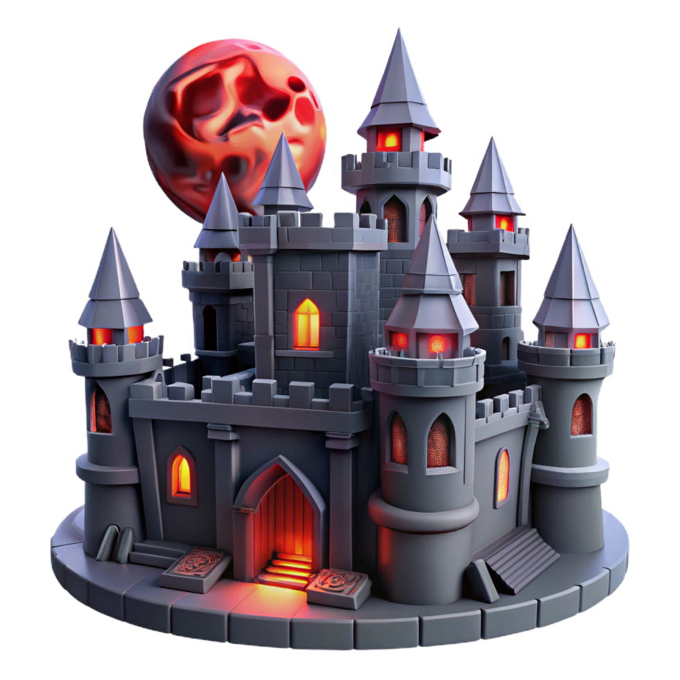 Enchanted Castle at Night A 3D Render of a Mysterious Fortress Under a Blood Moon png