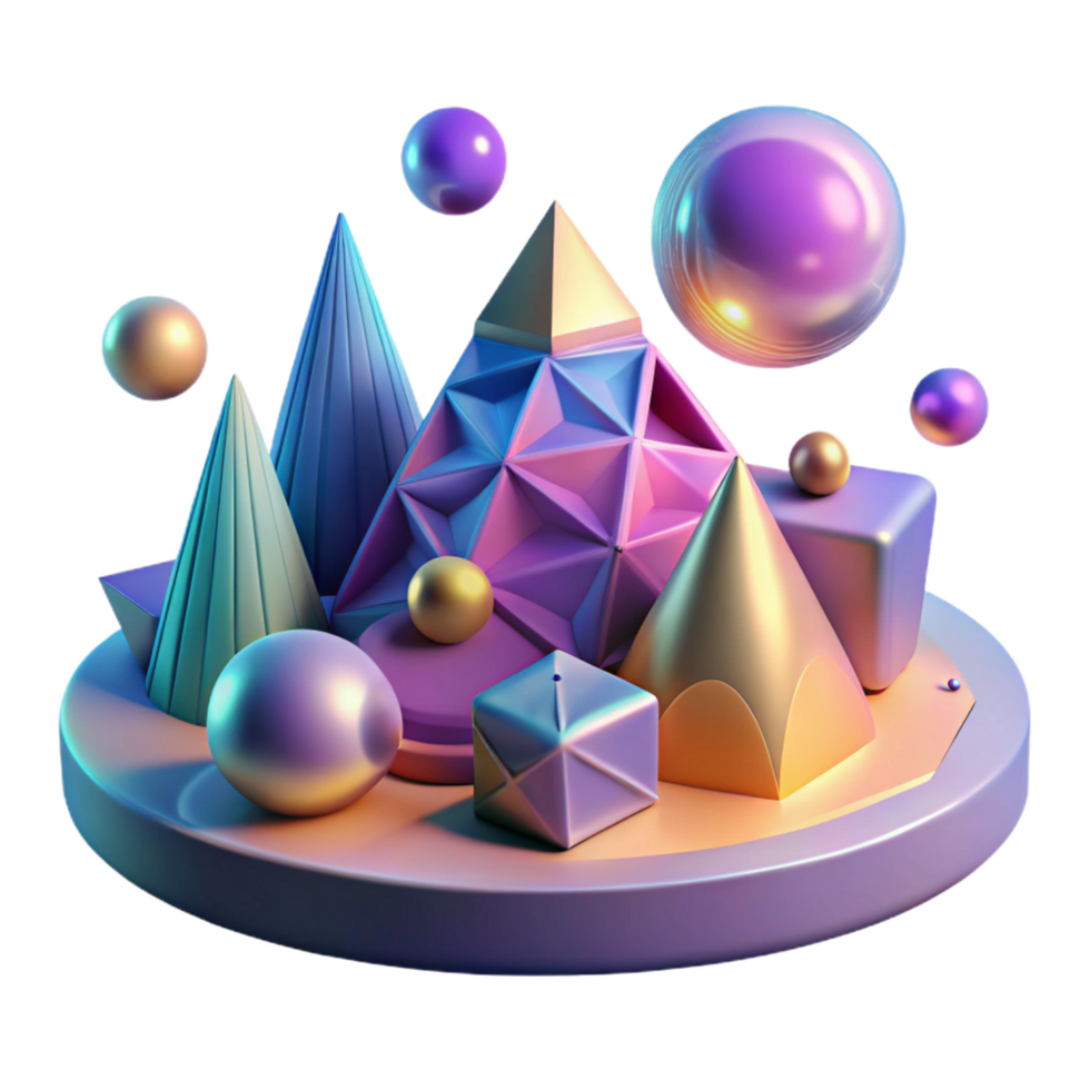 Abstract 3D Geometric Shapes Composition Iridescent Spheres, Cones, and Pyramids png