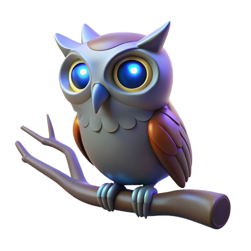 3D Render of Glowing Eyed Owl on Branch png