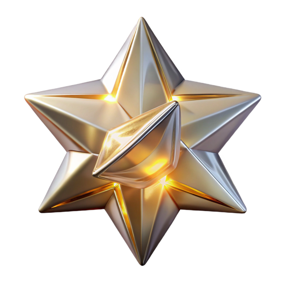 Glowing Gold Star with Embedded Gem 3D Render png
