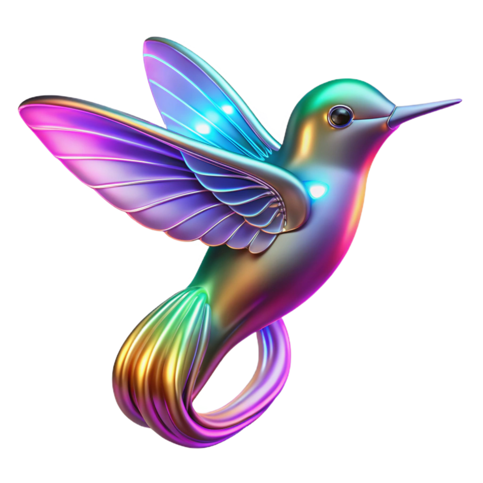 iridescent Hummingbird, Digital Art, 3D Render, Rainbow Bird, Metallic Wings, Abstract Avian, Shiny Feathers, Colorful Creature, Fantasy Bird, Whimsical Design png