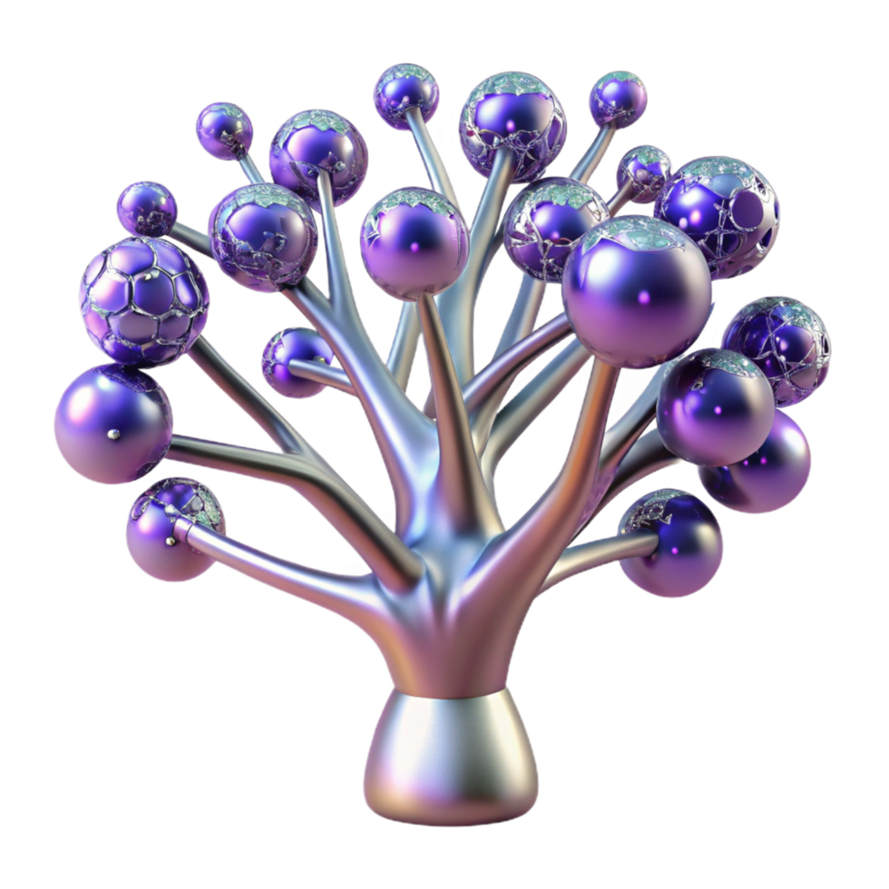 Abstract Metallic Tree with Spheres 3D Render of Geometric Art png