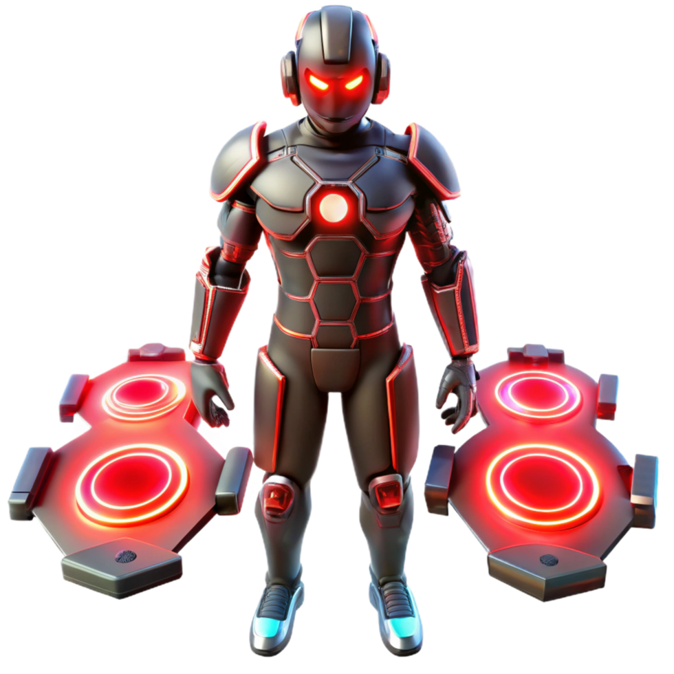 Cybernetic Armored Figure with Illuminated Platforms png