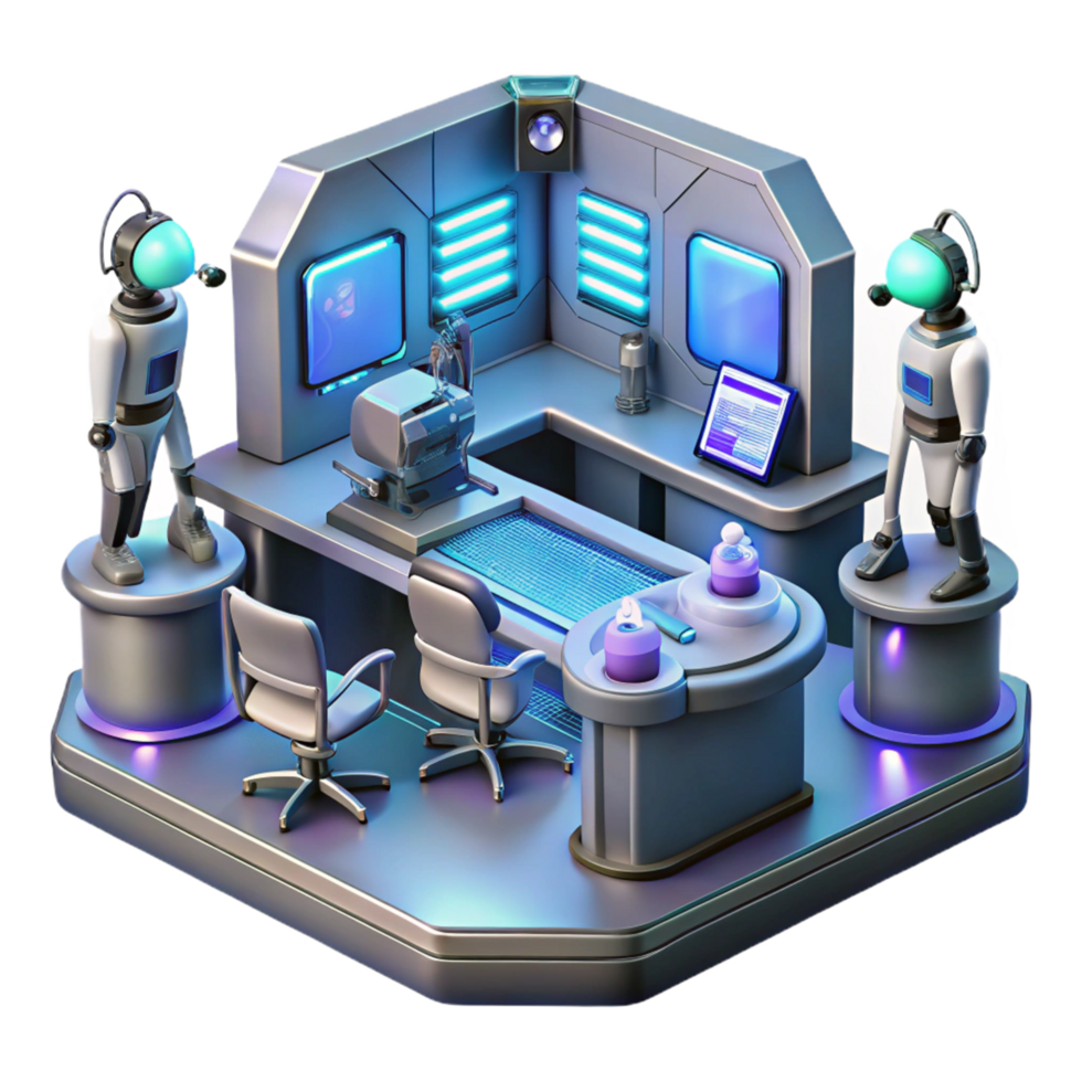 Futuristic Control Room Robotic Assistants and Advanced Technology png