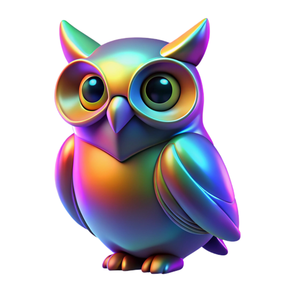 Rainbow Metallic Owl 3D Render png
