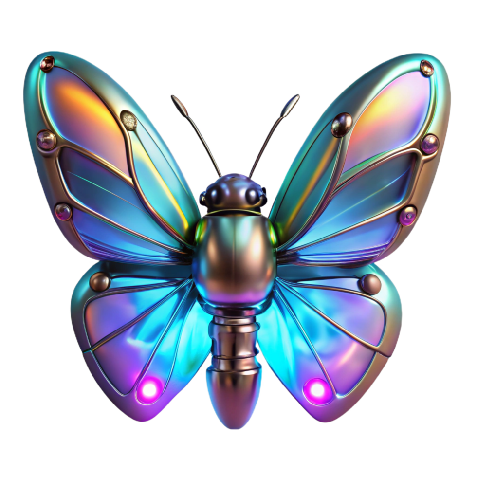 Cybernetic Butterfly Iridescent Wings, Metallic Body, Glowing Lights png