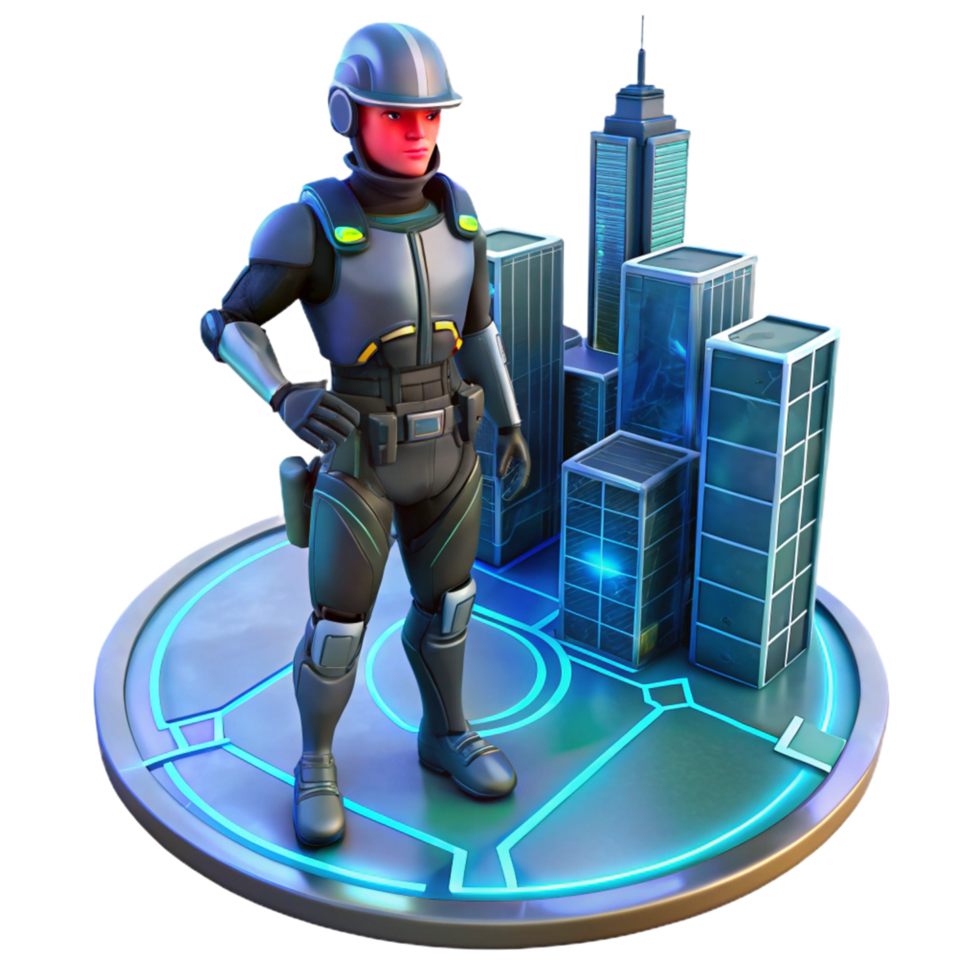Futuristic City Guardian A 3D Render of a Cyborg in a Modern Metropolis png