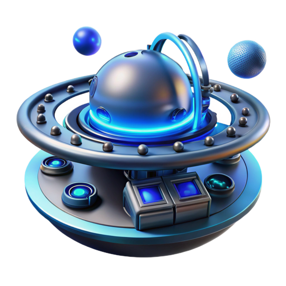 Futuristic Spacecraft Orbiter with Illuminated Controls and Celestial Spheres png