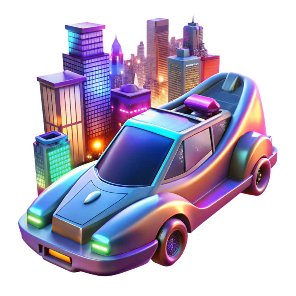 Futuristic City Chase A Retro Styled Vehicle in a Neon Metropolis png
