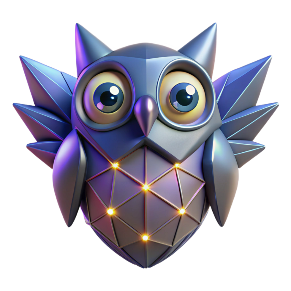 Geometric Owl 3D Render of a Shiny, Crystalline Bird png