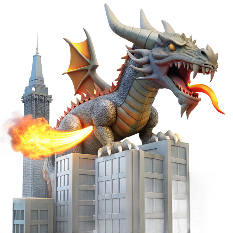 Dragon Attacking City 3D Render of Fantasy Creature in Urban Setting png