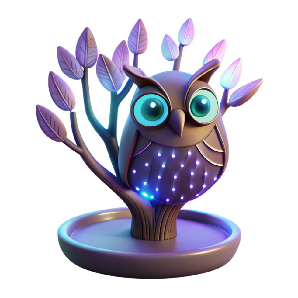 Luminous Owl in Tree 3D Render of Illuminated Avian Figurine png
