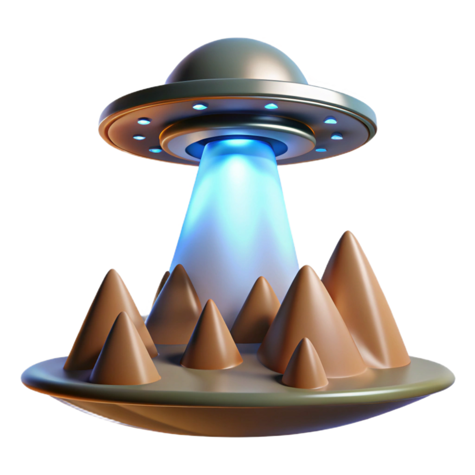 UFO Over Mountain Range 3D Render of Alien Spaceship png