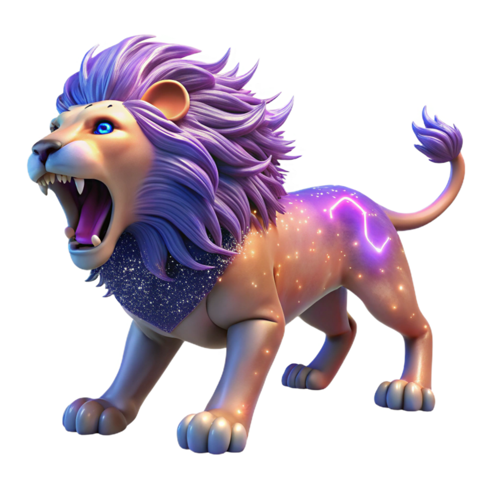Majestic Cosmic Lion 3D Render of a Roaring Lion with Purple Mane and Celestial Design png