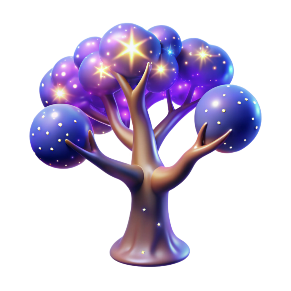 Glowing Celestial Tree 3D Render of a Fantasy Tree with Illuminated Orb Leaves png