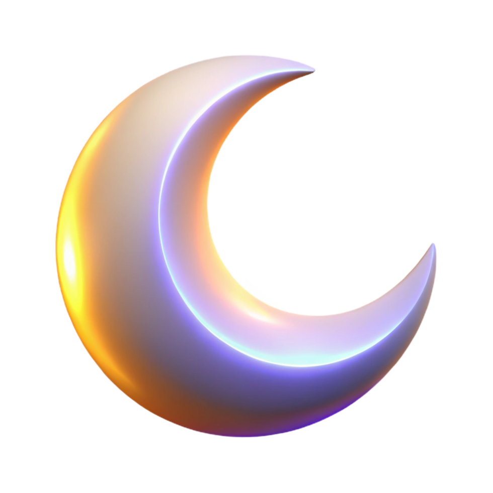 Crescent Moon Luminous Celestial Body, Night Sky Symbol, 3D Render, Digital Art, Abstract Shape, Gradient Colors, Space Theme, Mystical Atmosphere png