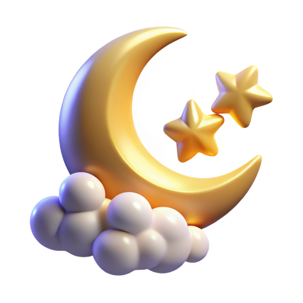 Crescent Moon and Stars on Clouds 3D Render png