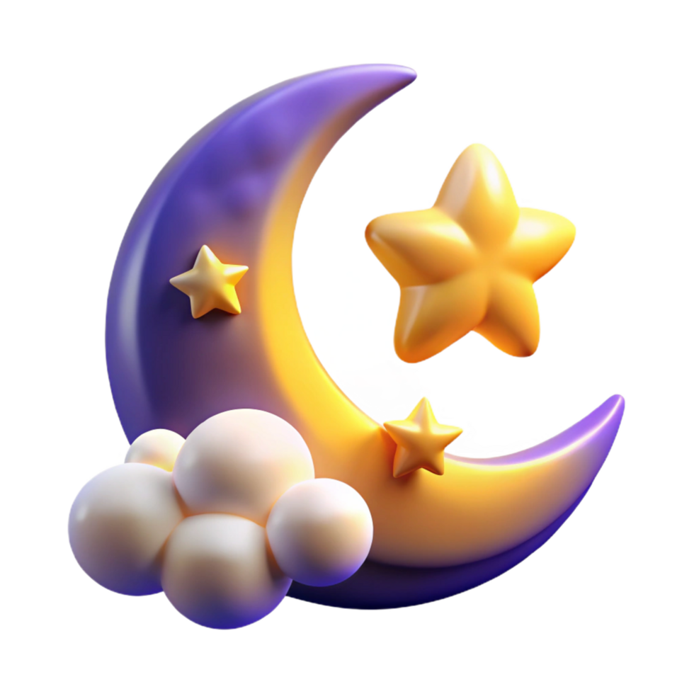 Crescent Moon, Stars, and Clouds A 3D Render of a Night Sky png