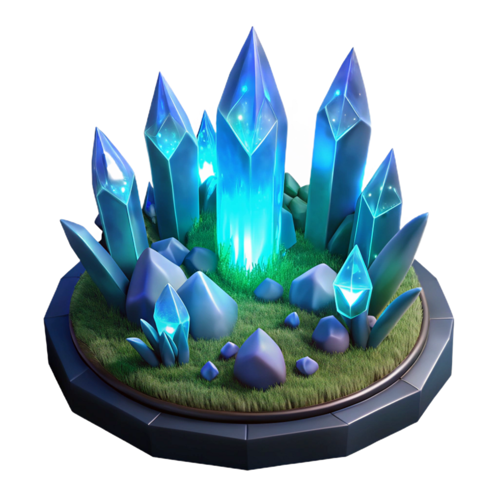 Glowing Crystals on Grassy Base 3D Render of Fantasy Gems png