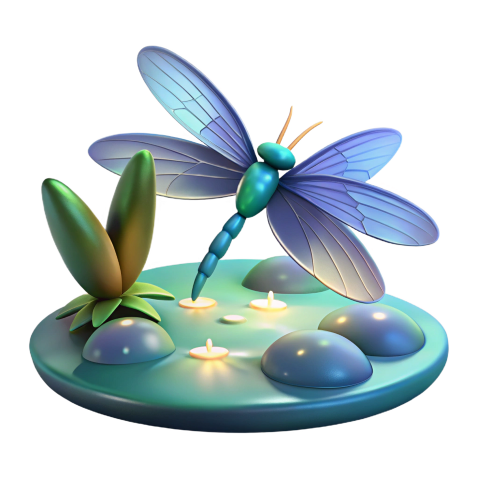 Dragonfly on Lily Pad with Candles 3D Render png