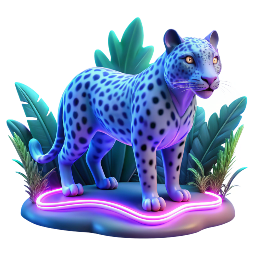 Neon Leopard in Tropical Foliage 3D Render png