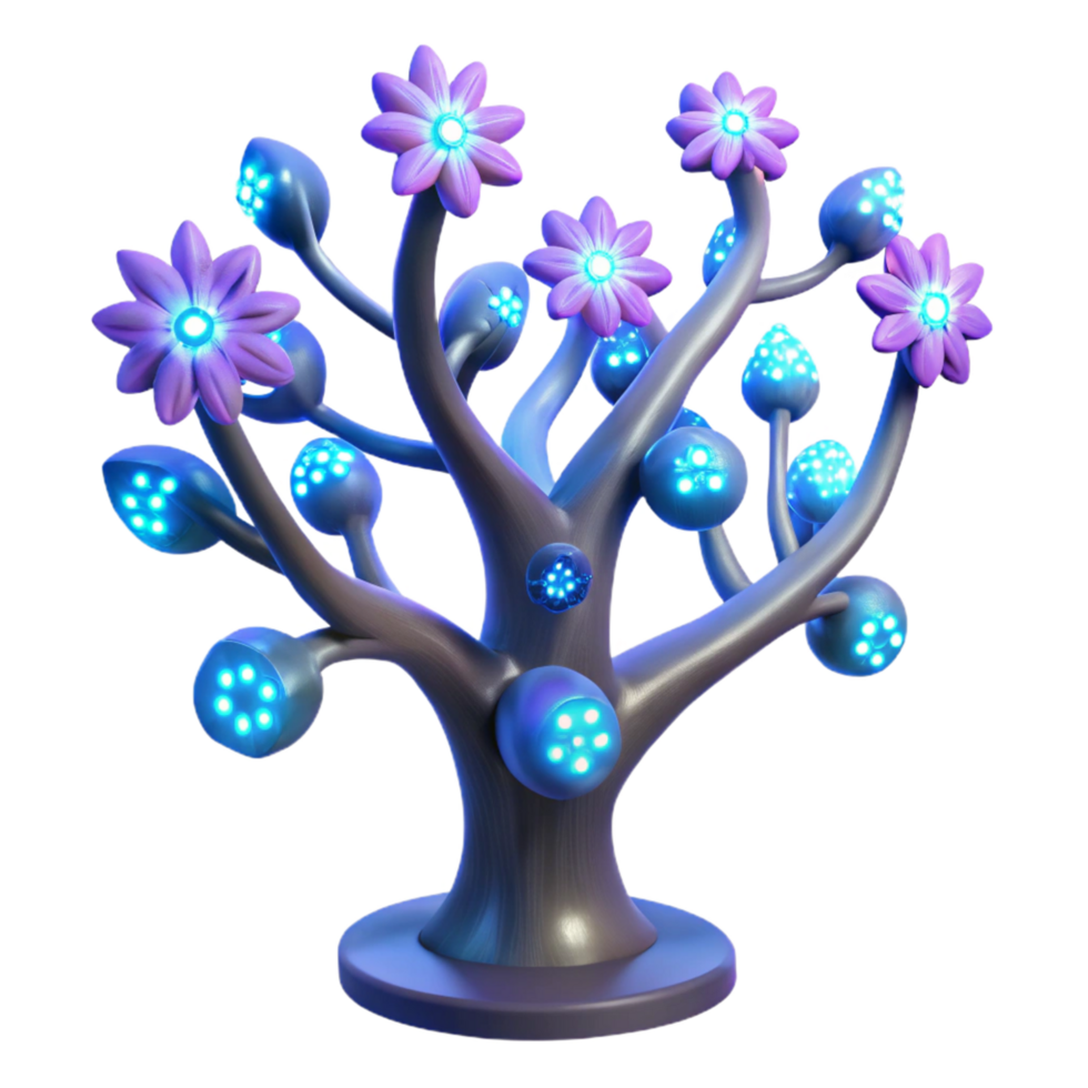 Glowing Bio-Luminescent Tree Fantasy Plant, Illuminated Flora, Digital Art, 3D Render, Sci-Fi Tree, Abstract Artwork, Fantasy Landscape, Mystic Garden, LED Lights, Artificial Plant png