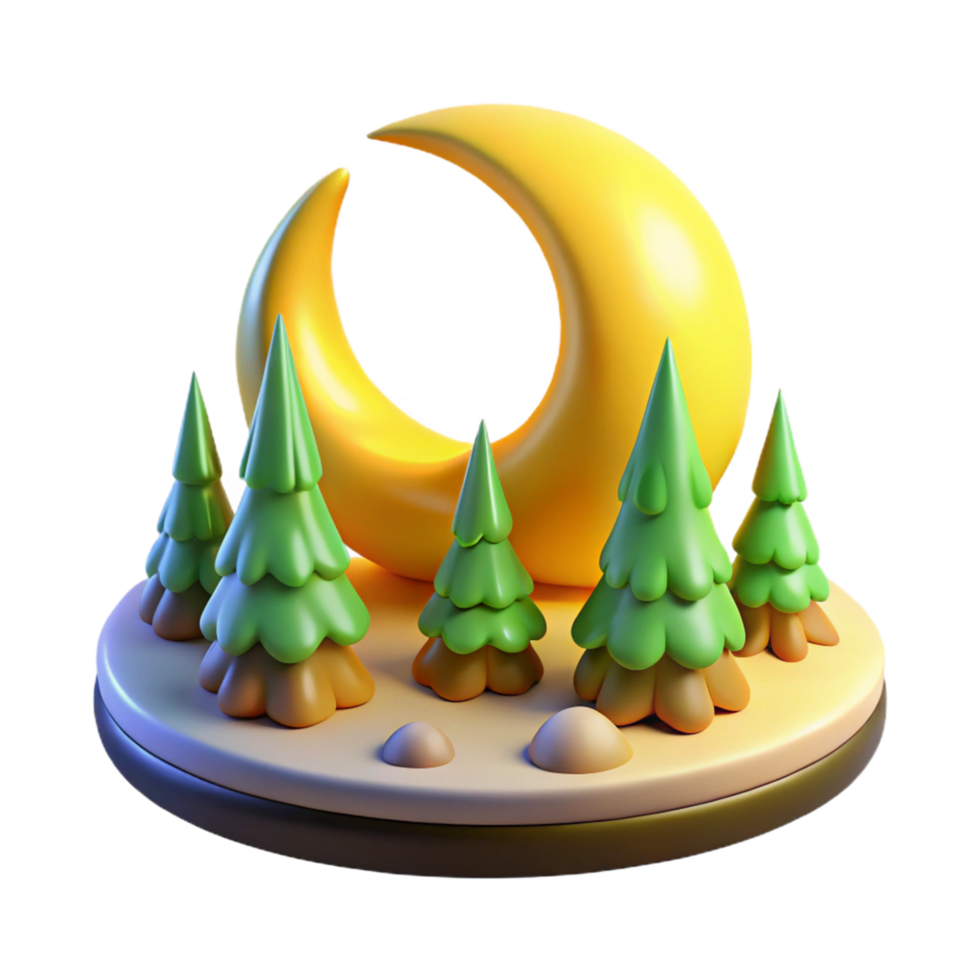 Crescent Moon Night Scene with Cartoon Trees 3D Render png