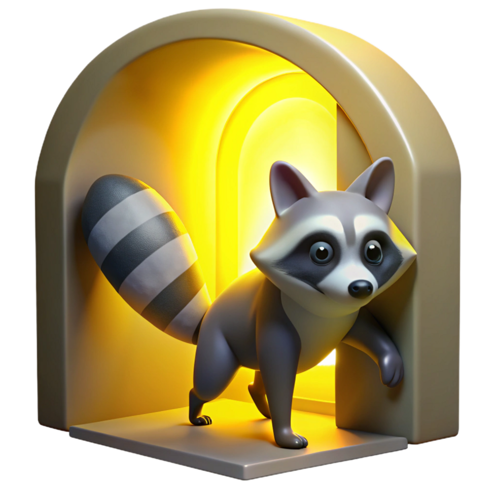 Cute Raccoon in Illuminated Archway 3D Render png
