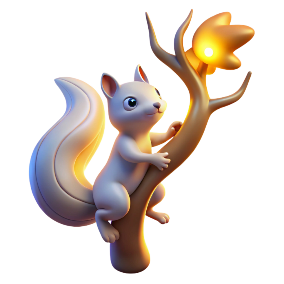 3D Render of Adorable Squirrel Climbing Glowing Branch png