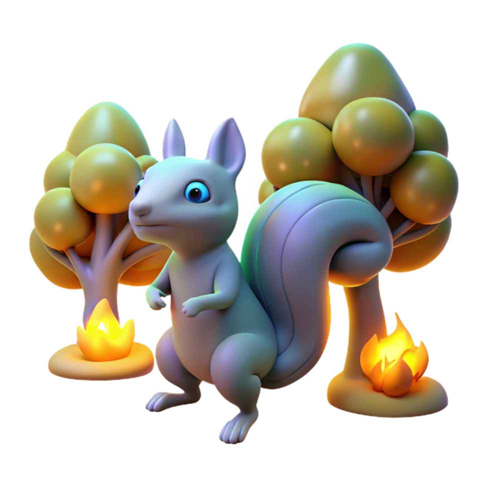3D Render of Adorable Squirrel near Campfire and Cartoon Trees png
