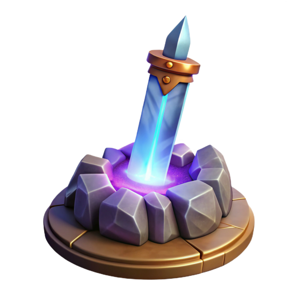 Glowing Crystal Sword in Stone Altar Fantasy Game Asset png