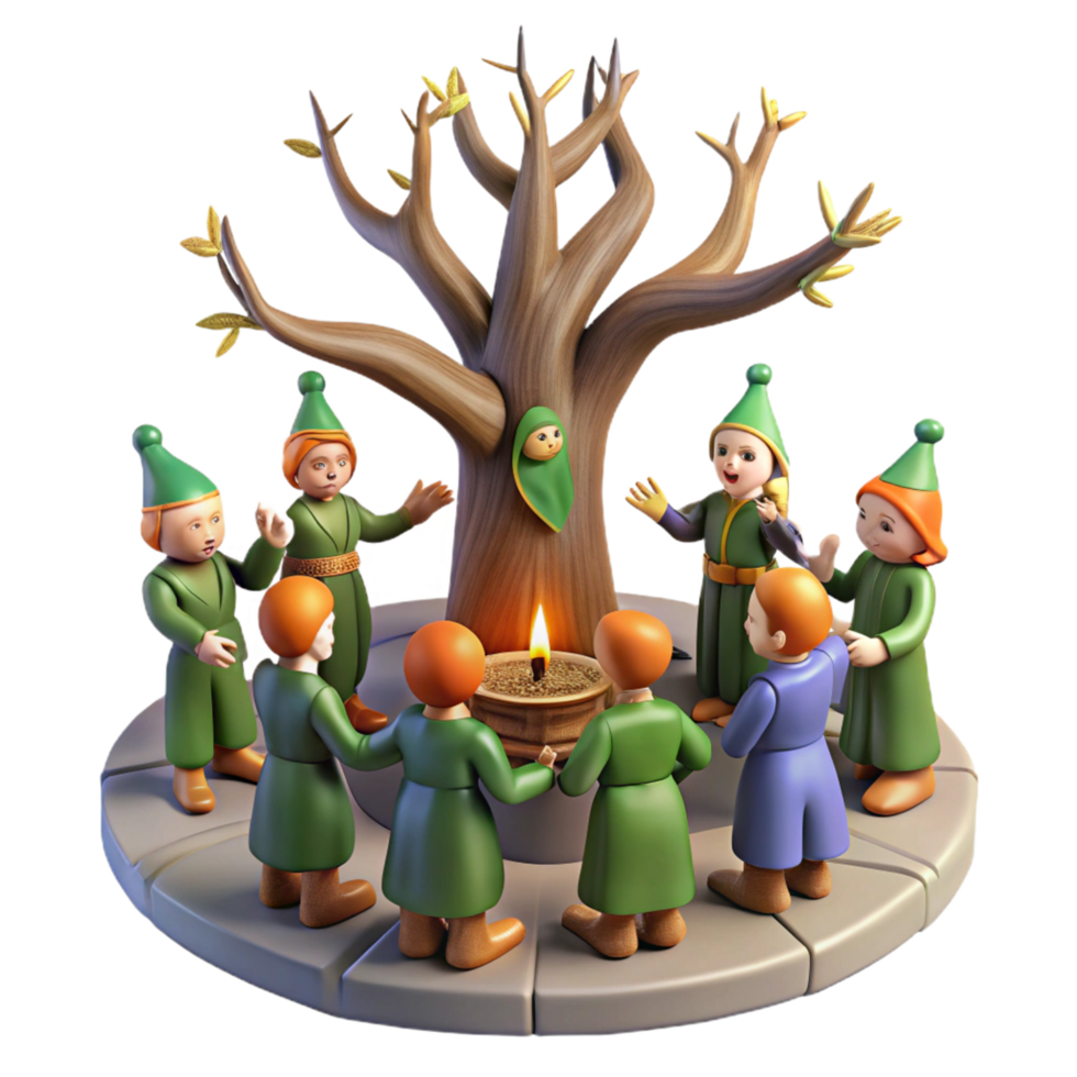 Enchanted Tree Ceremony Mythical Figures Gather Around a Sacred Flame png