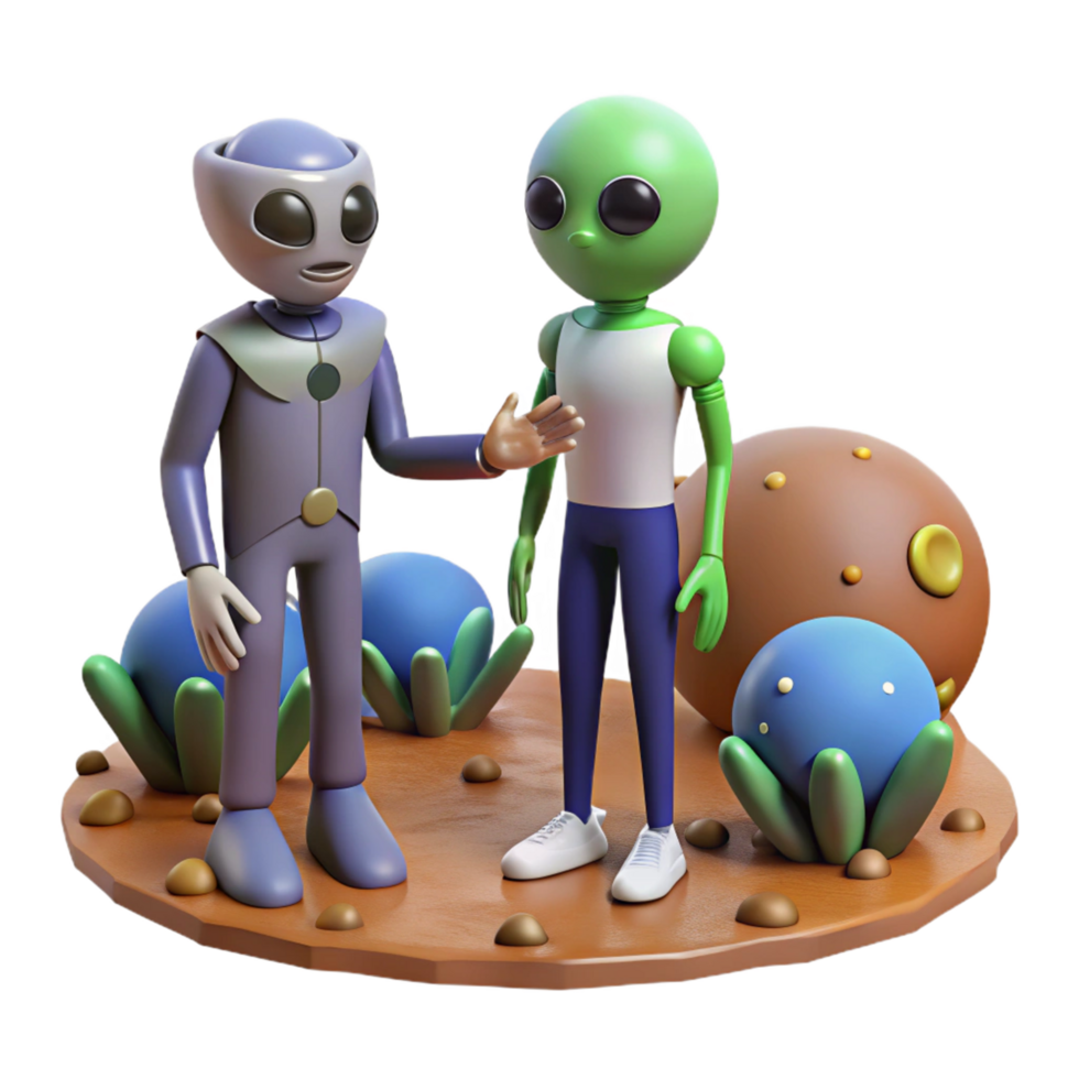Alien Encounter 3D Render of Two Extraterrestrials on an Alien Planet png