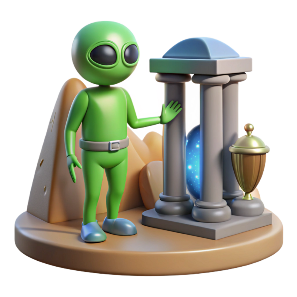 3D Render Alien Exploring Ancient Columns and Celestial Sphere png