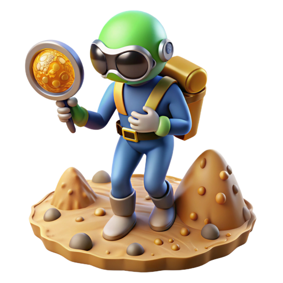 3D Render of Astronaut Exploring Alien Landscape with Magnifying Glass png