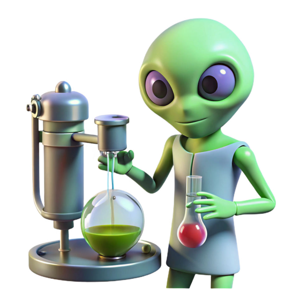 Alien Scientist Conducts Experiment with Glassware png