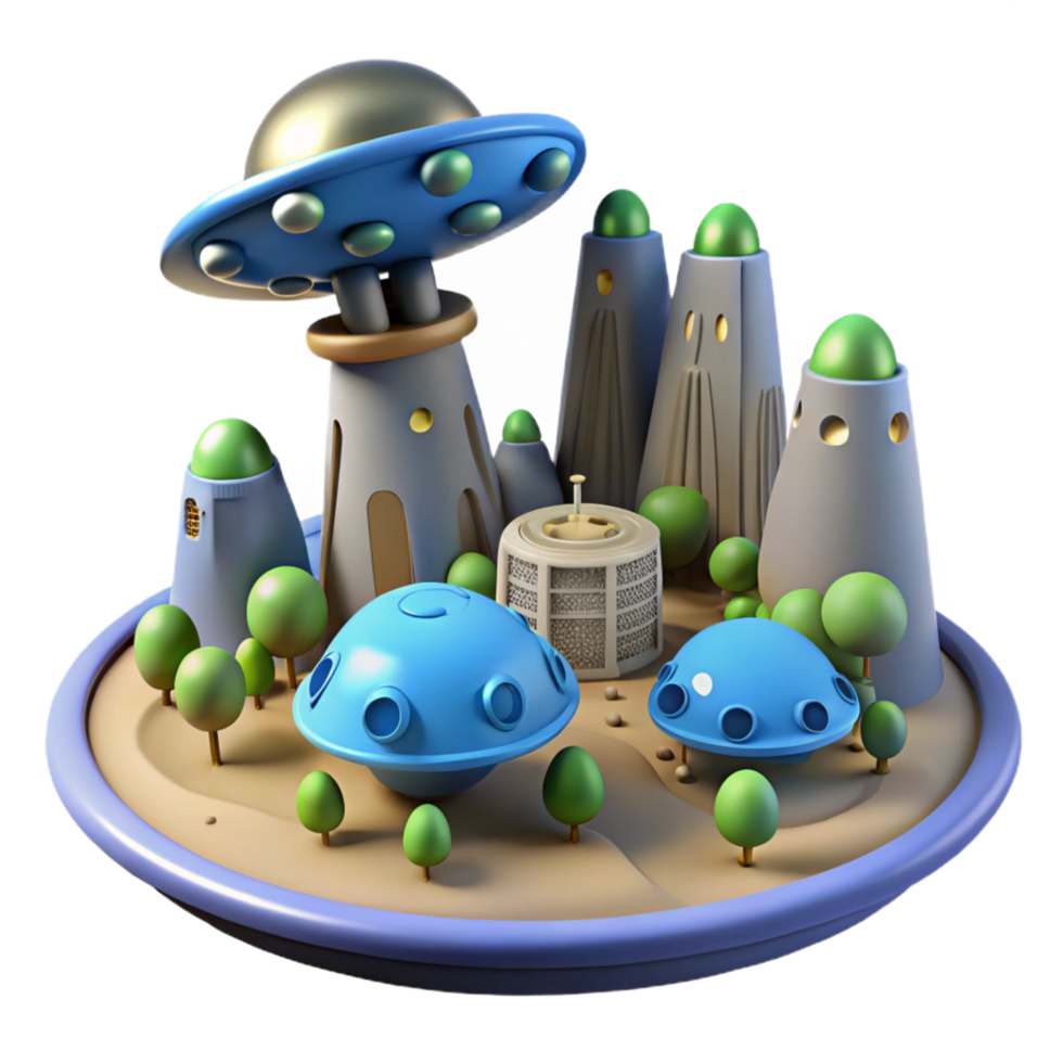 Futuristic Alien Cityscape 3D Render of Spaceships and Towers png
