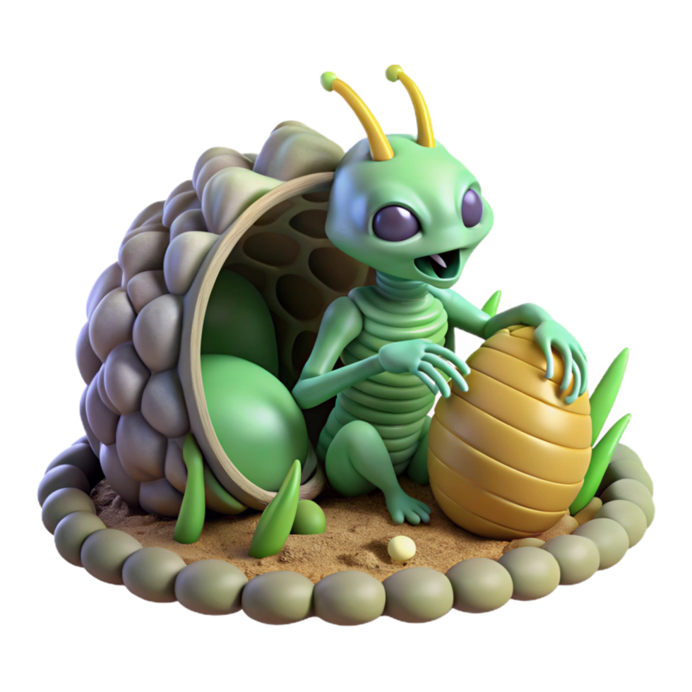 3D Render of Cute Alien Creature Hatching from Egg png