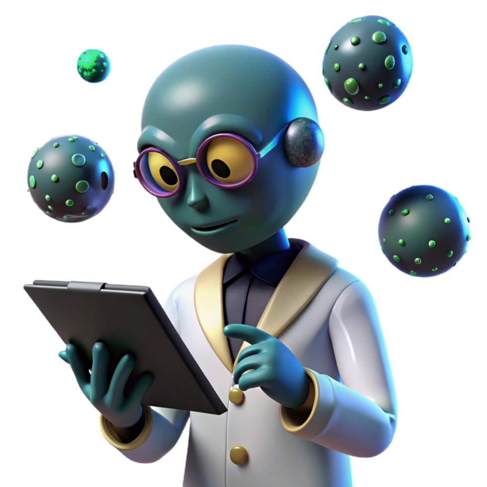 Alien Scientist Studying Microscopic Organisms on Tablet png