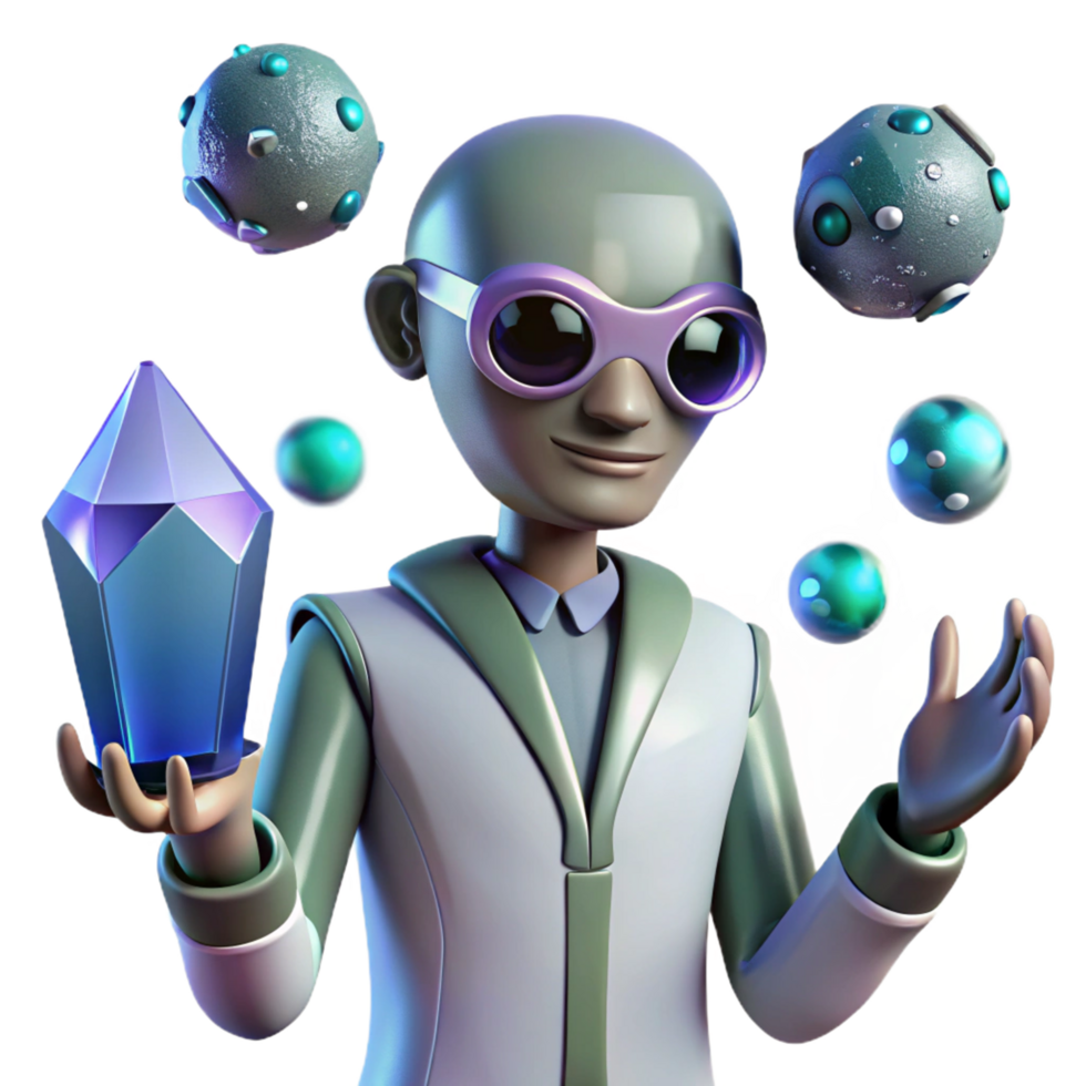 Scientist Juggling Crystals and Orbs A 3D Animated Scene png