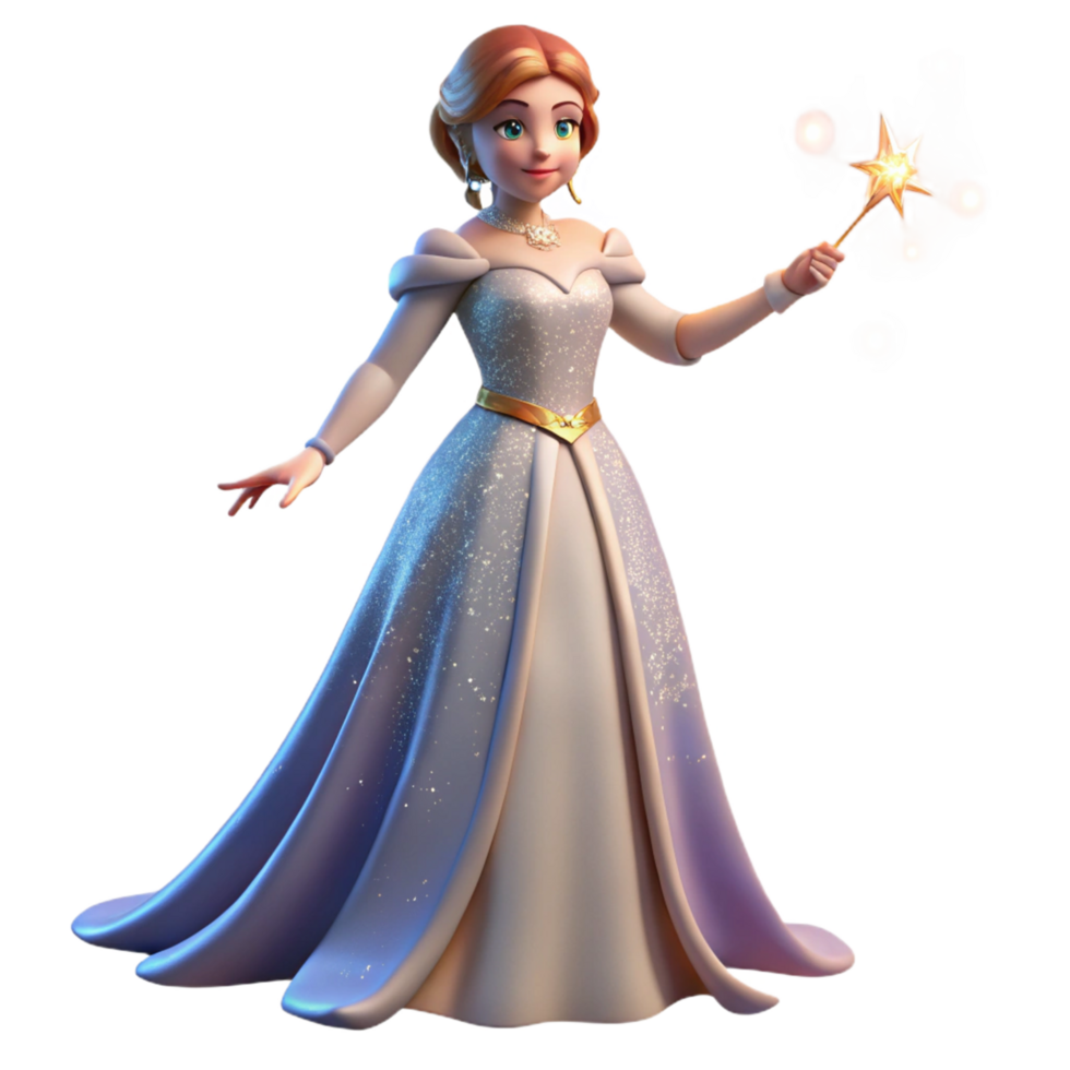 3D Render of a Princess in a Sparkling Gown with a Magic Wand png