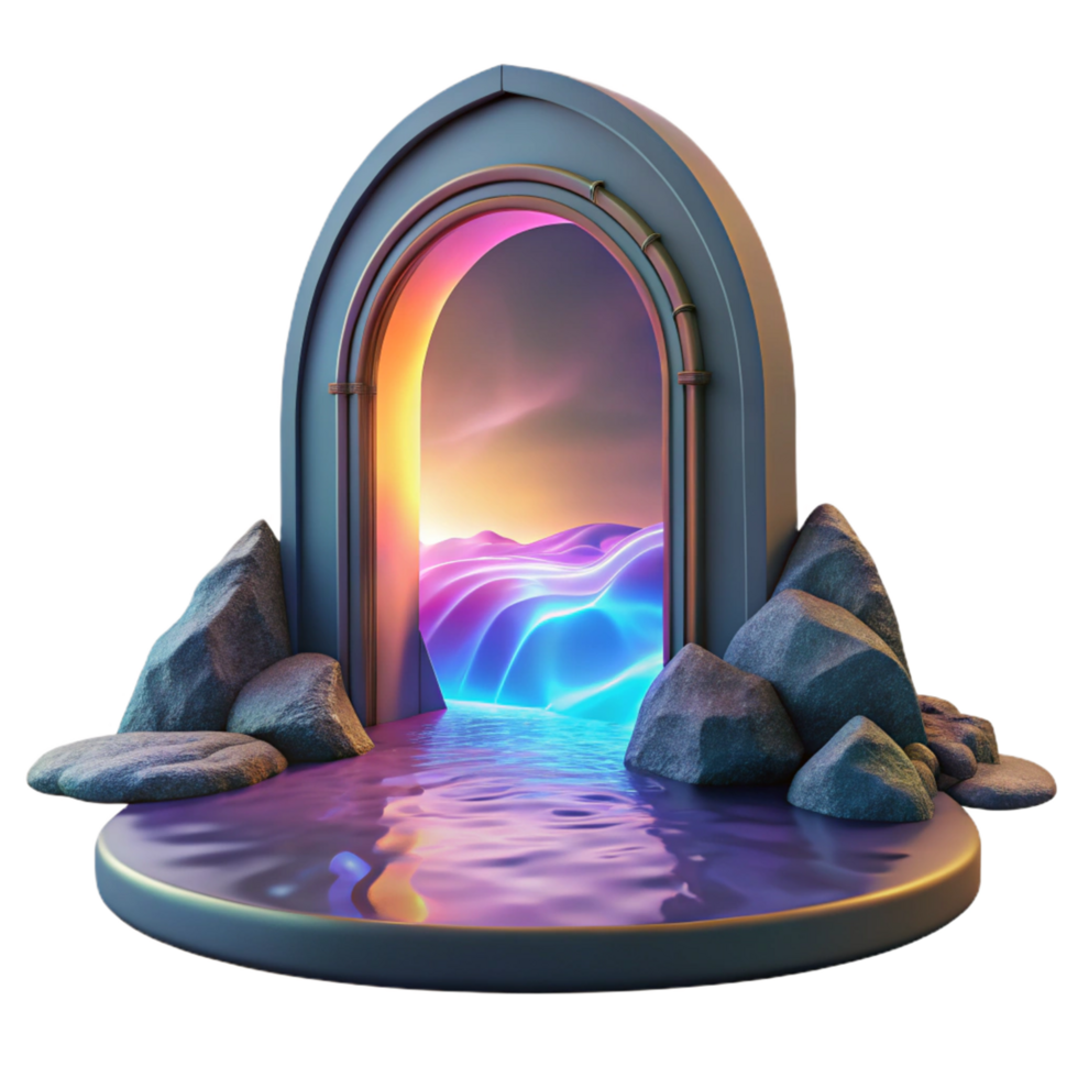Archway to a Neon Landscape 3D Render of Surreal Scenery png