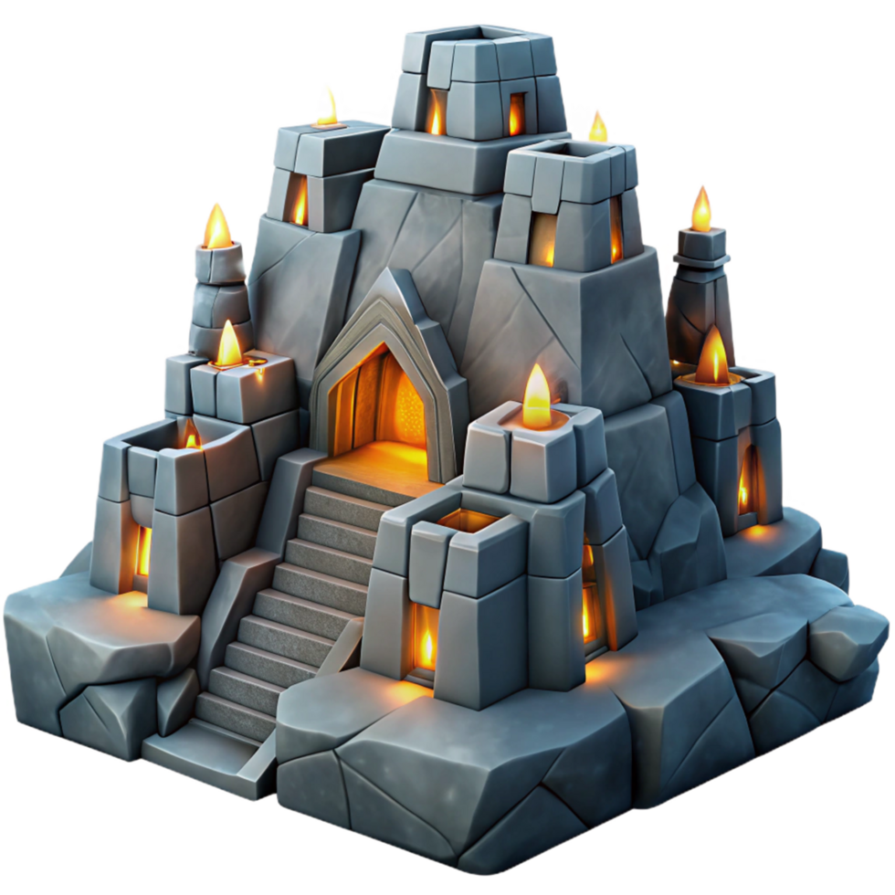 Stone Temple with Lit Torches and Steps 3D Model png