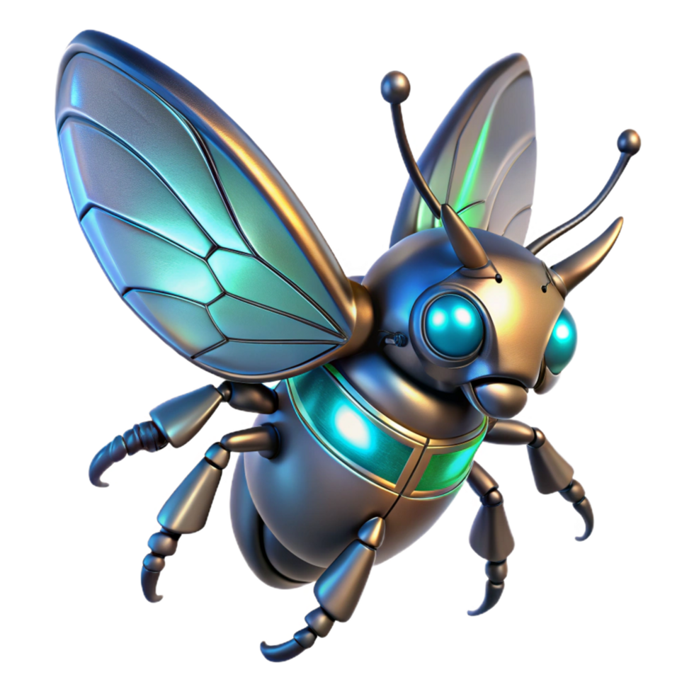 Futuristic Metallic Bee Robot 3D Render of a Cyborg Insect png