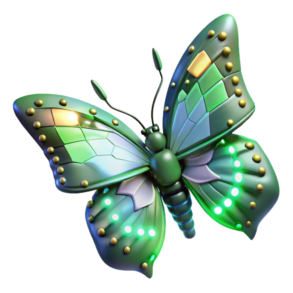 Luminous Green Butterfly 3D Render of Insect with Geometric Wings and Lights png