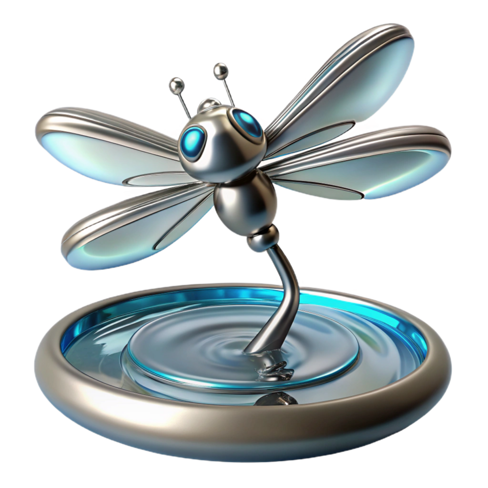 Metallic Dragonfly Robot on Water 3D Render png