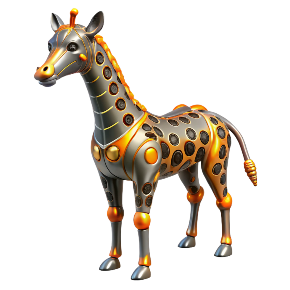 Robotic Giraffe Metallic Animal Design, 3D Render, Gold Accents, Cybernetic Creature, Artificial Lifeform, Futuristic Animal, Mechanical Giraffe, Digital Art, CGI Animal, Innovative Artwork png