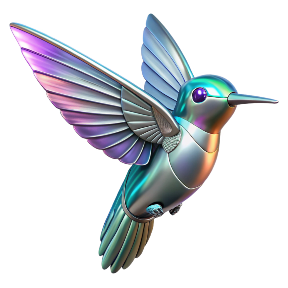 Robotic Hummingbird iridescent, metallic wings, avian-inspired design png