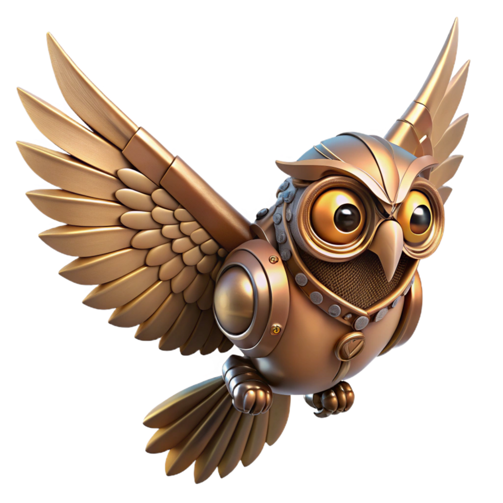 Golden Mechanical Owl in Flight 3D Render of Robotic Bird png